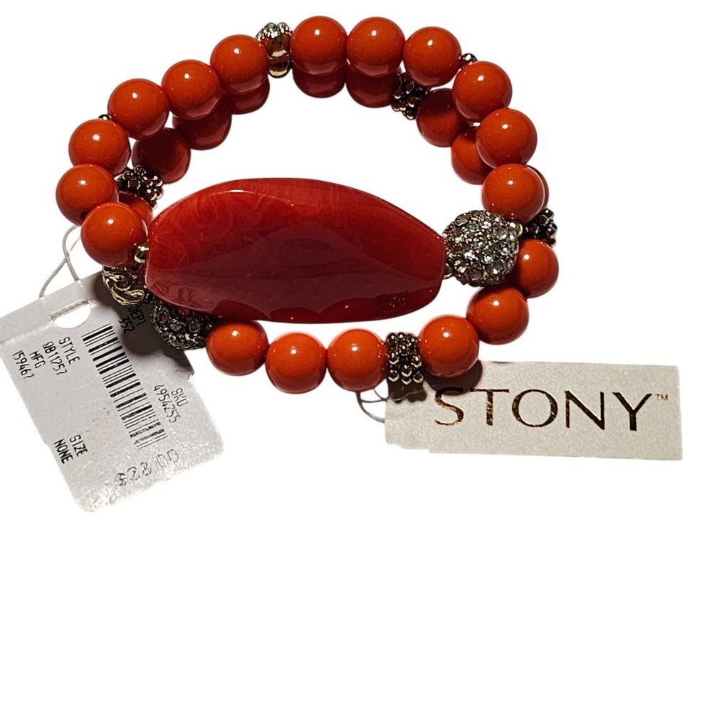 Stony Retro Red Orange Beaded Multi Strand Bracelet Rhinestone Accents Jewelry